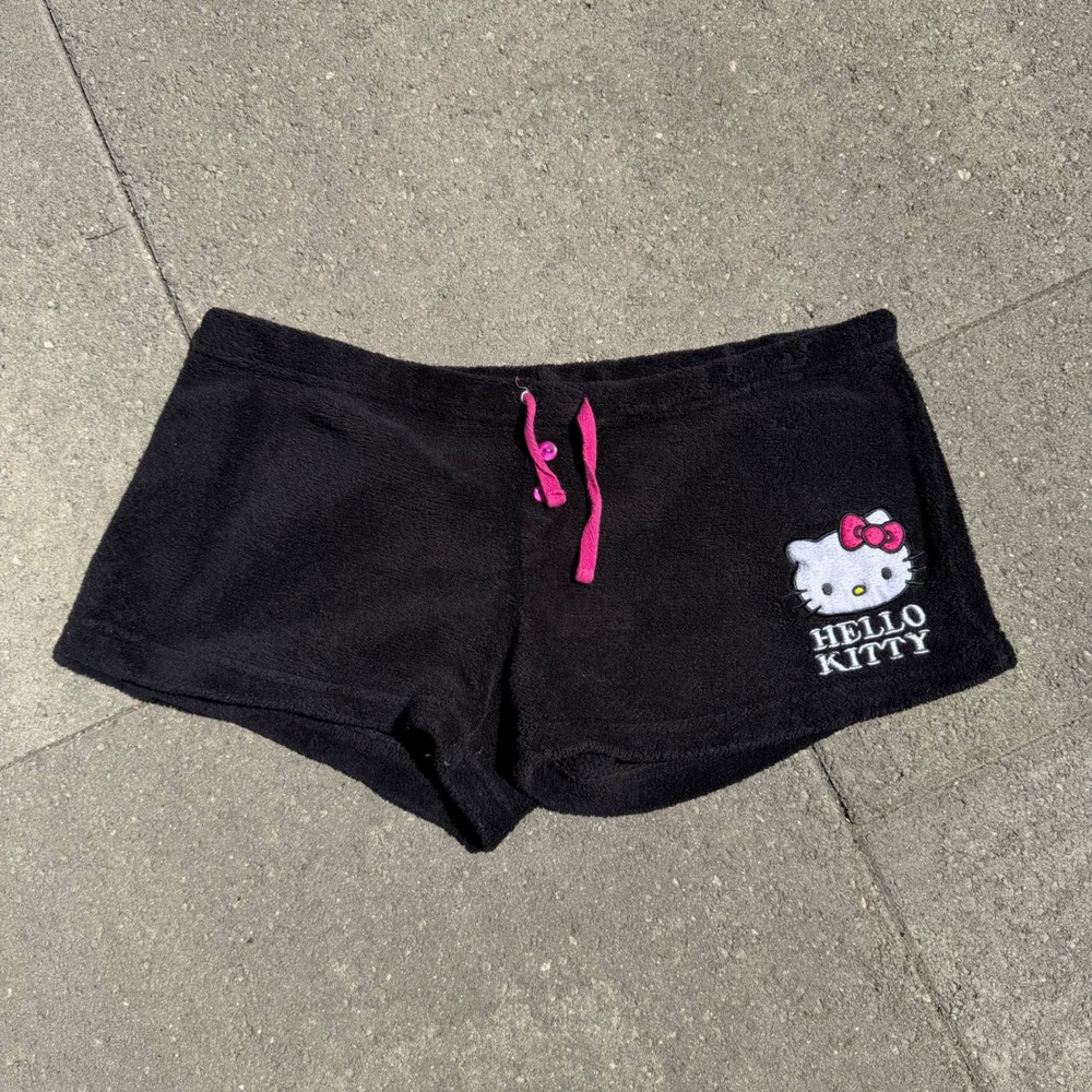 Hello Kitty Sanrio Black Fleece Lounge Pajama Shorts Pink Drawstring Womens M